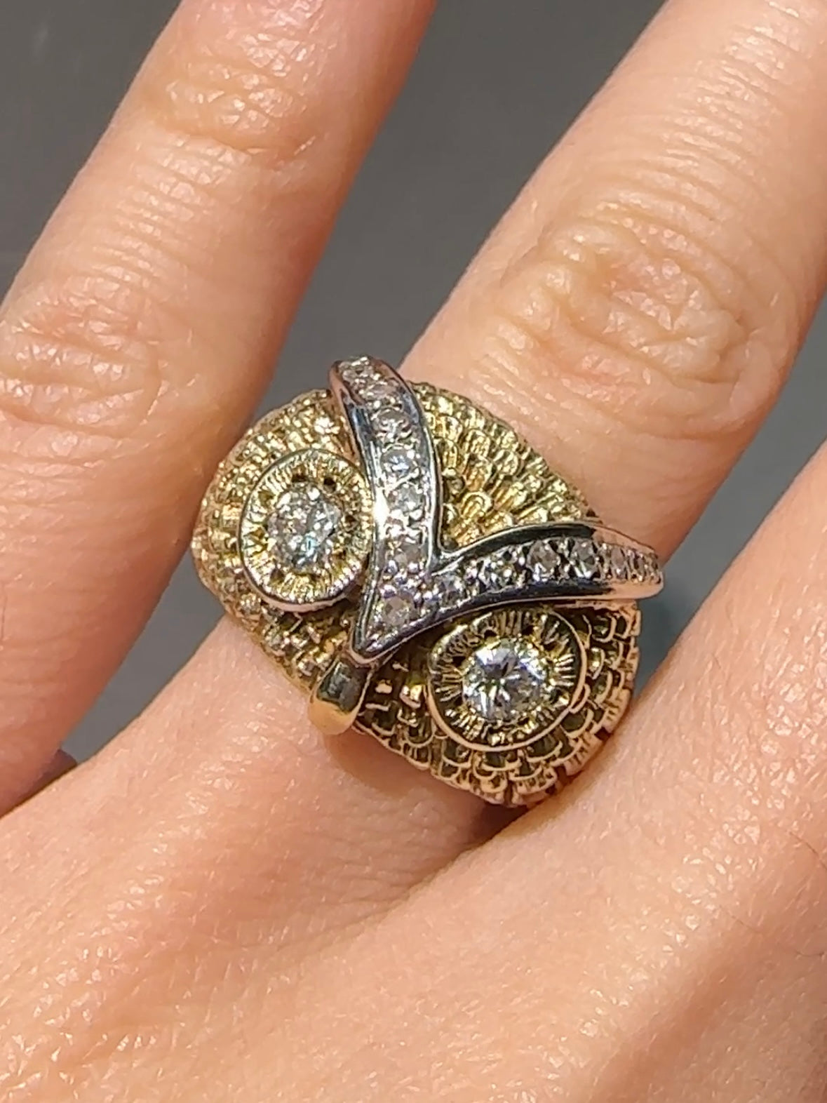 Vintage 14K Yellow Gold 0.65 CTW Diamond Owl Ring