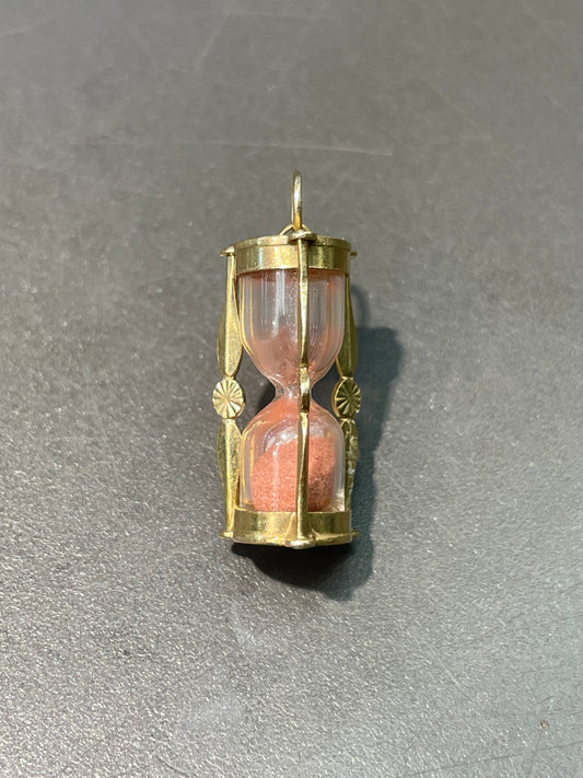 Vintage 14K Yellow Gold Working Red Sand Hourglass Charm Pendant