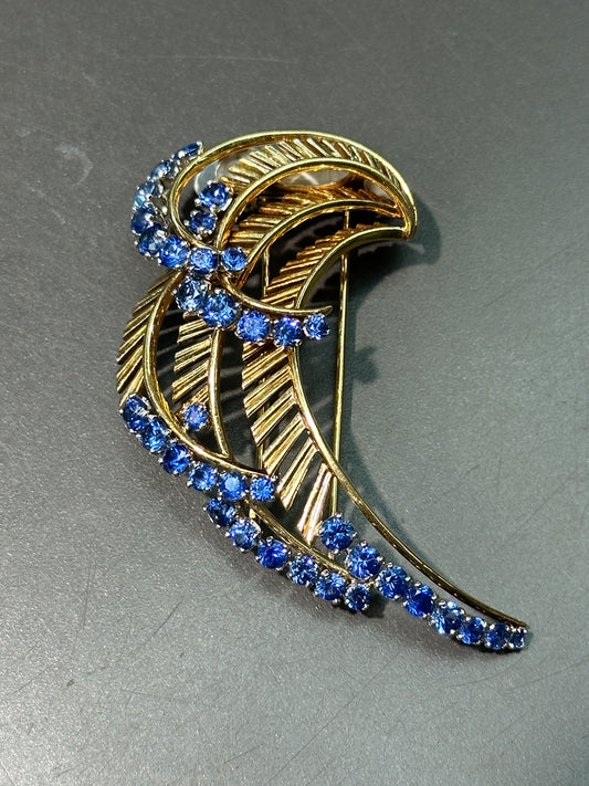 French 18K Gold Platinum Natural Sapphire Clip Brooch