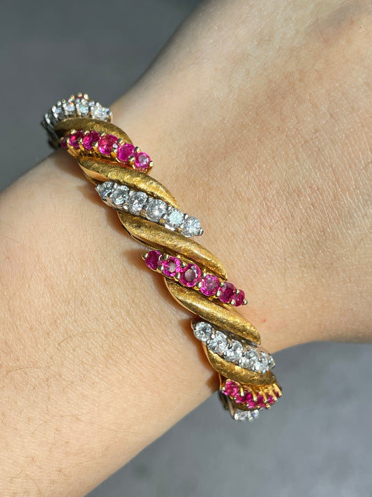 Vintage 18K Yellow Gold Platinum Ruby Diamond Bracelet