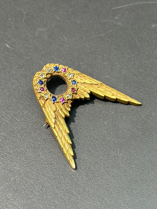 新艺术风格蒂芙尼 14K 金红宝石蓝宝石钻石星翼胸针