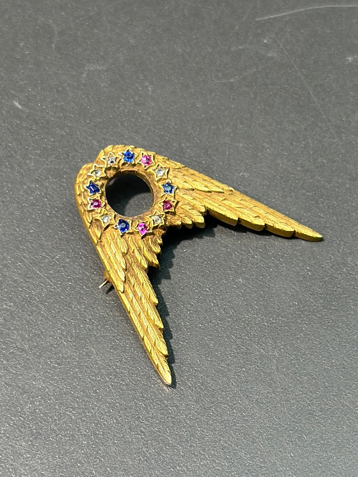 Art Nouveau Tiffany & Co. 14K Gold Ruby Sapphire Diamond Star Wing Brooch