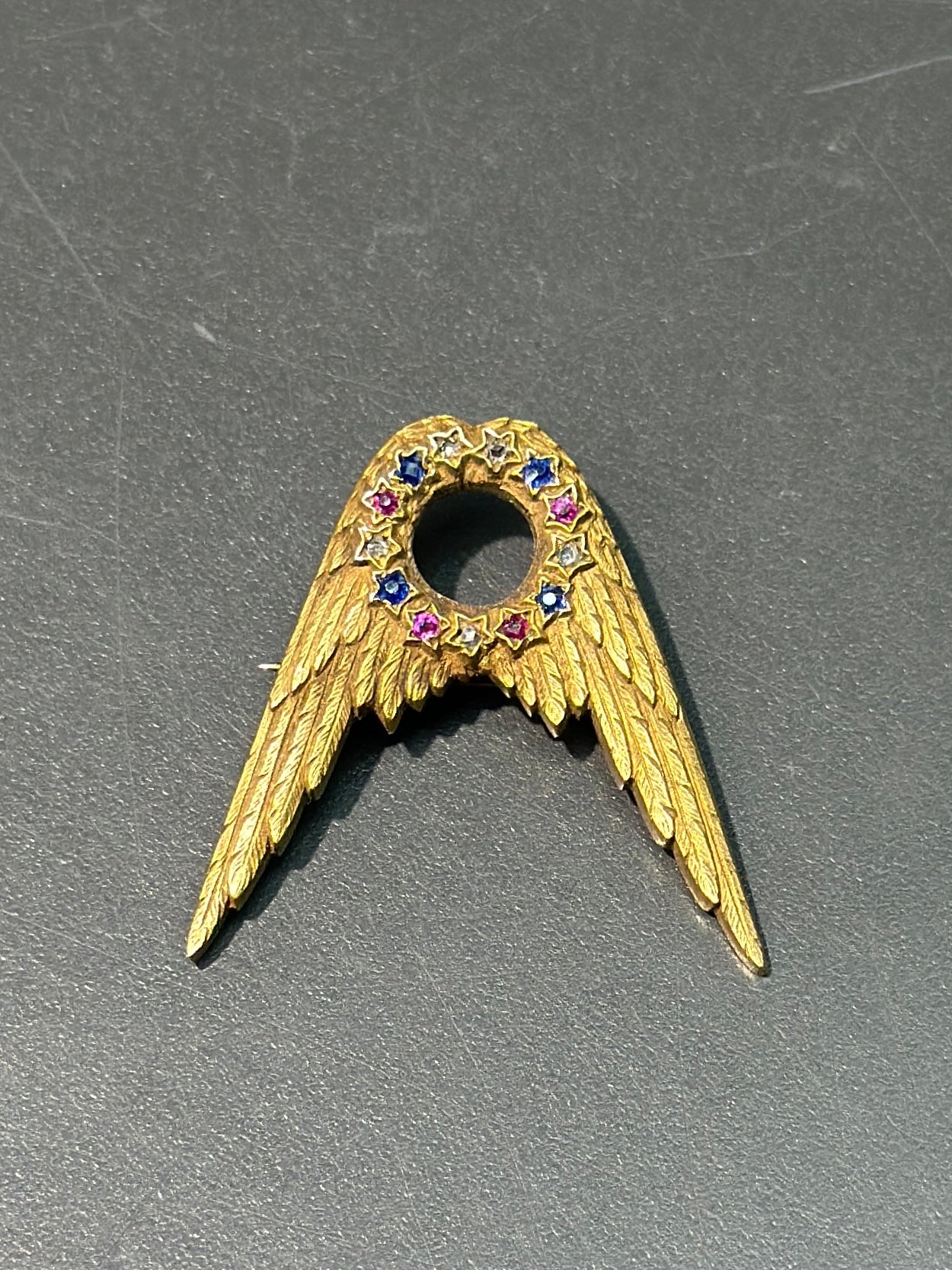 Art Nouveau Tiffany & Co. 14K Gold Ruby Sapphire Diamond Star Wing Brooch