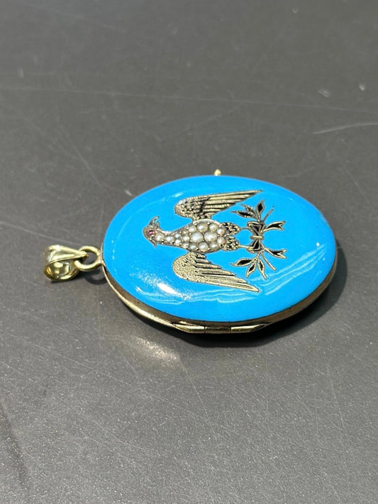 Médaillon pendentif aigle en perles de graines d'émail en or victorien 14 carats