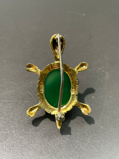 Vintage 18K Gold Nephrite Ruby Turtle Brooch