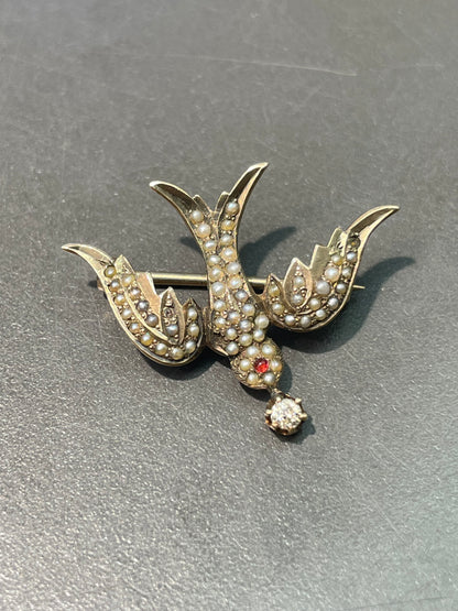 Vintage 14K Yellow Gold Seed Pearl Diamond St. Esprit Dove Brooch