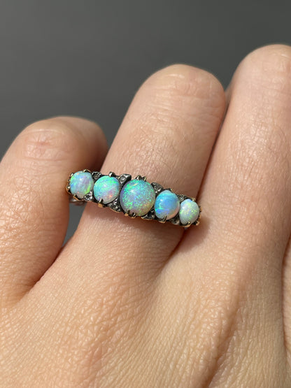 Antique Edwardian Five Stone Opal Diamond Ring
