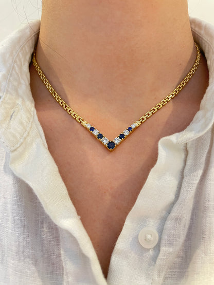 14K Gold 1.10 CTW Diamond Sapphire Chevron Necklace