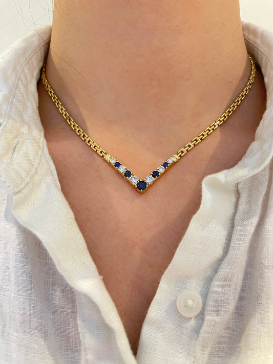 14K Gold 1.10 CTW Diamond Sapphire Chevron Necklace