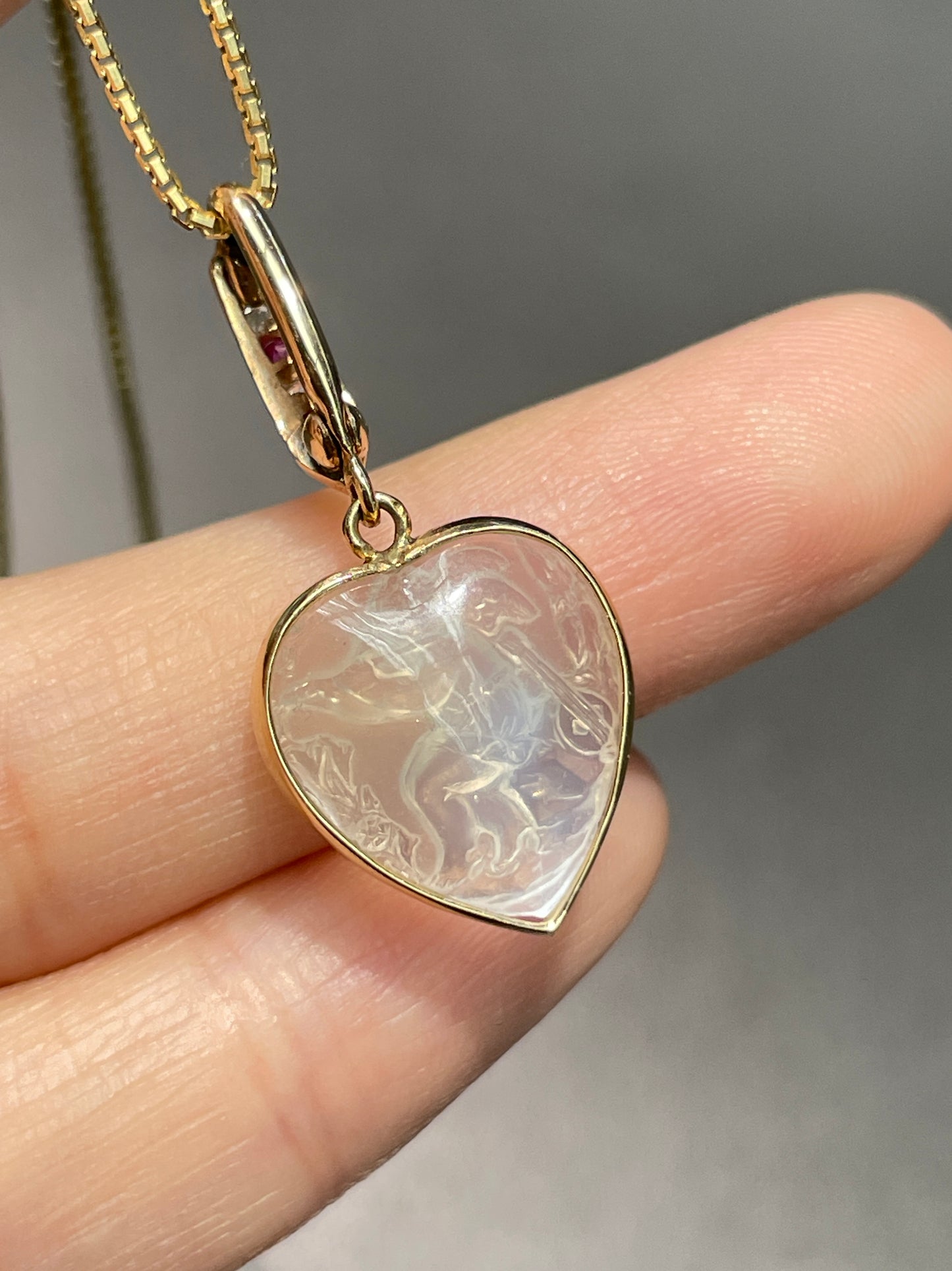 Antique 14K Gold Cherub Moonstone Ruby Diamond Heart Pendant