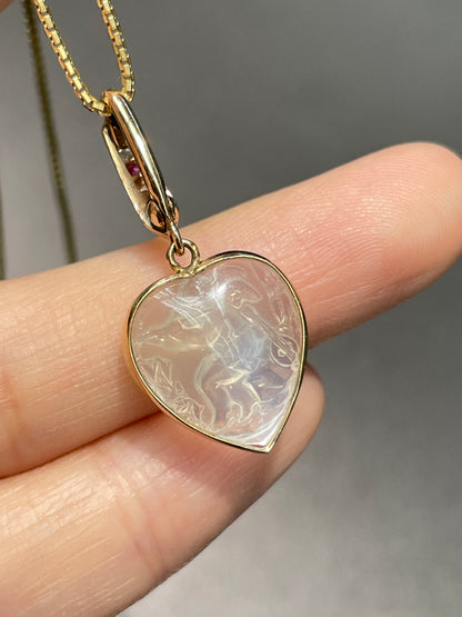 Antique 14K Gold Cherub Moonstone Ruby Diamond Heart Pendant