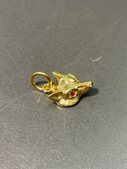 古董 14K 黄金迷你红宝石狐狸吊饰