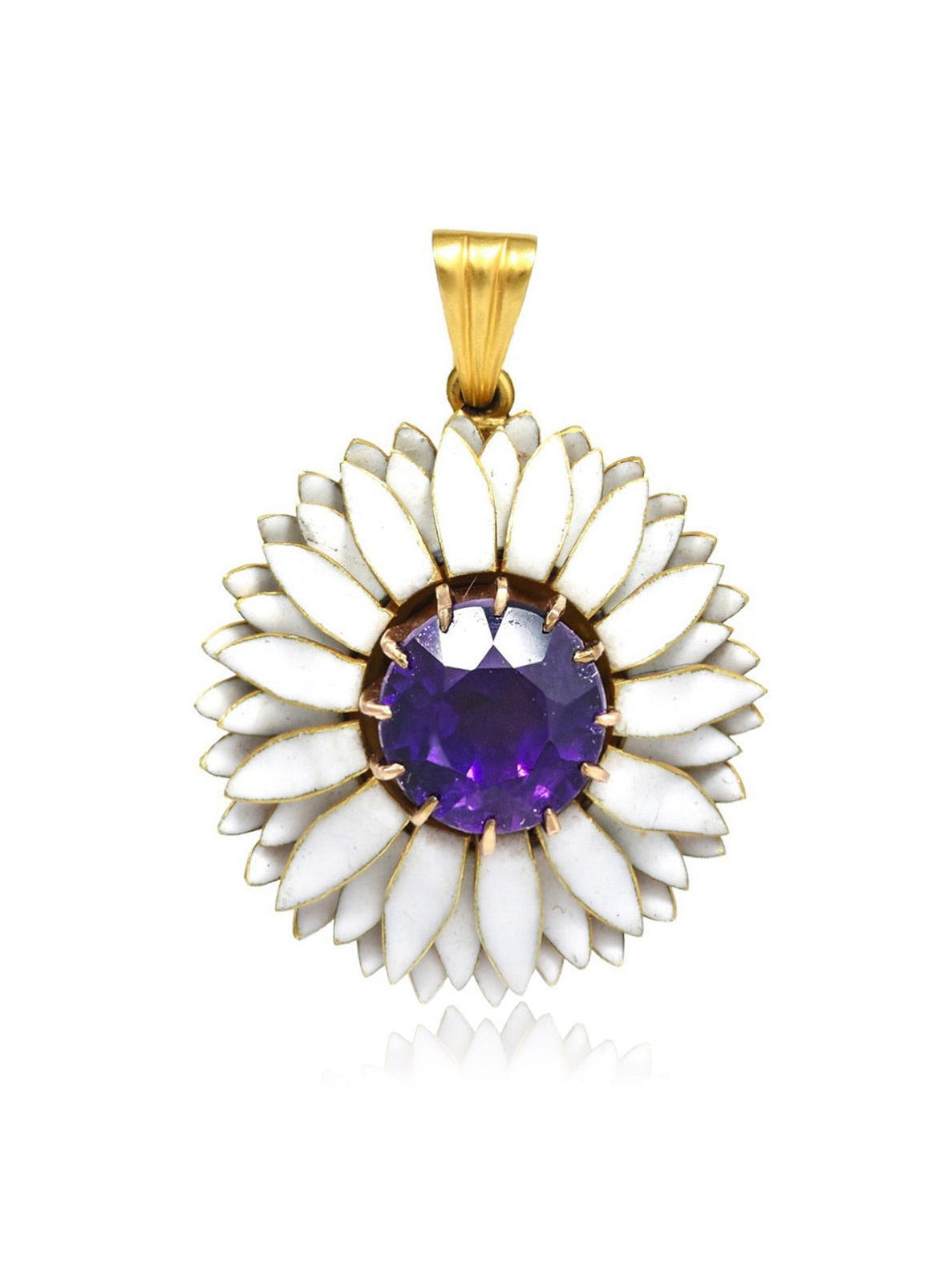 Victorian 18K Gold Amethyst White Enamel Flower Pendant