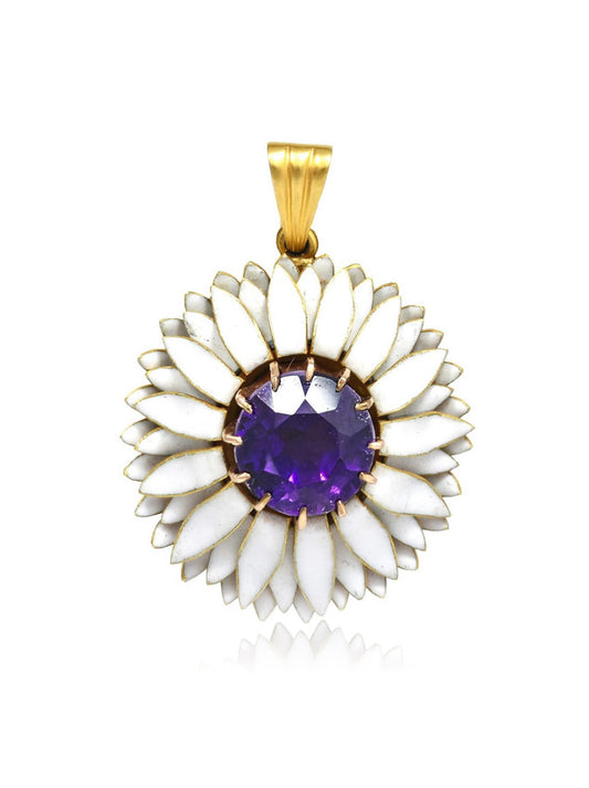 Victorian 18K Gold Amethyst White Enamel Flower Pendant