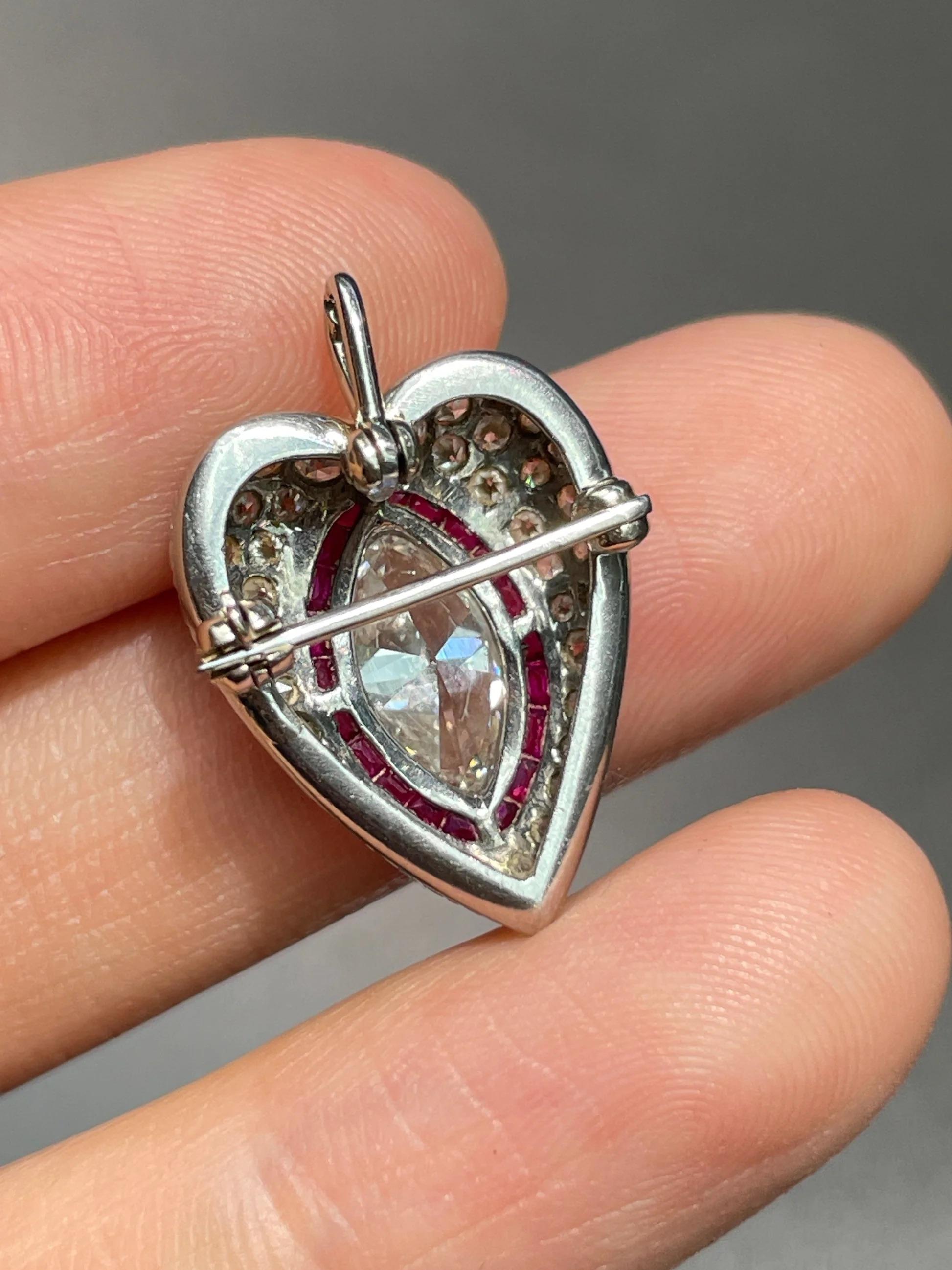 Antique Platinum 1.98 CTW Marquise Diamond Ruby Heart Pendant Brooch