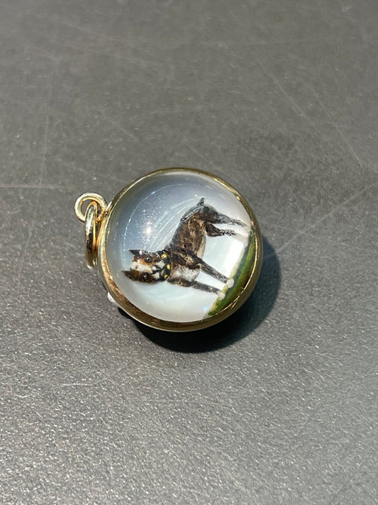 古董 14K 金反向彩绘埃塞克斯水晶“斗牛犬”吊坠饰品