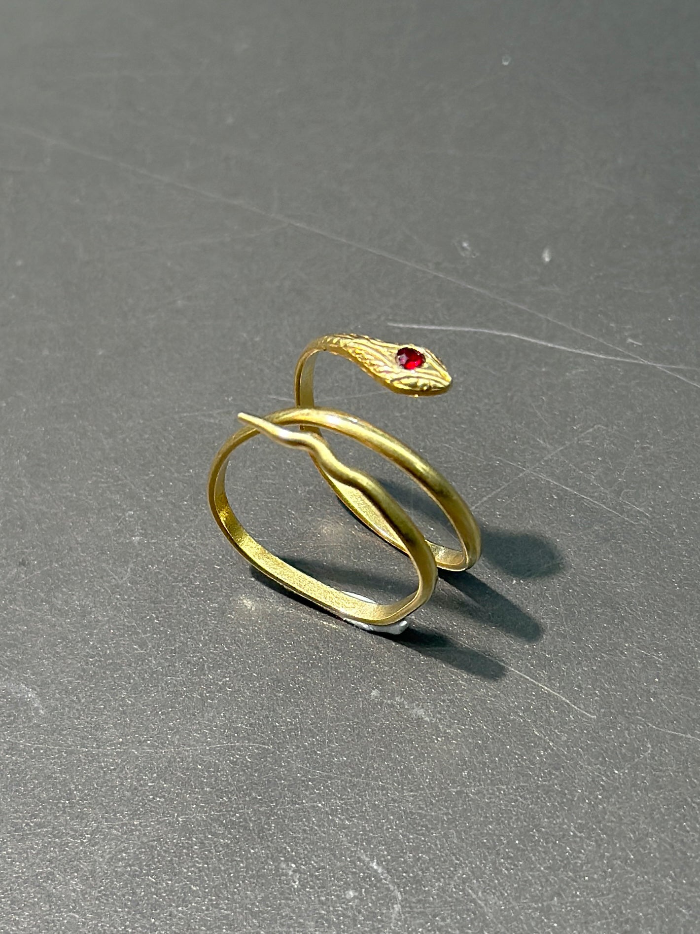 Vintage Italian 18K Gold Garnet Paste Coiled Snake Ring