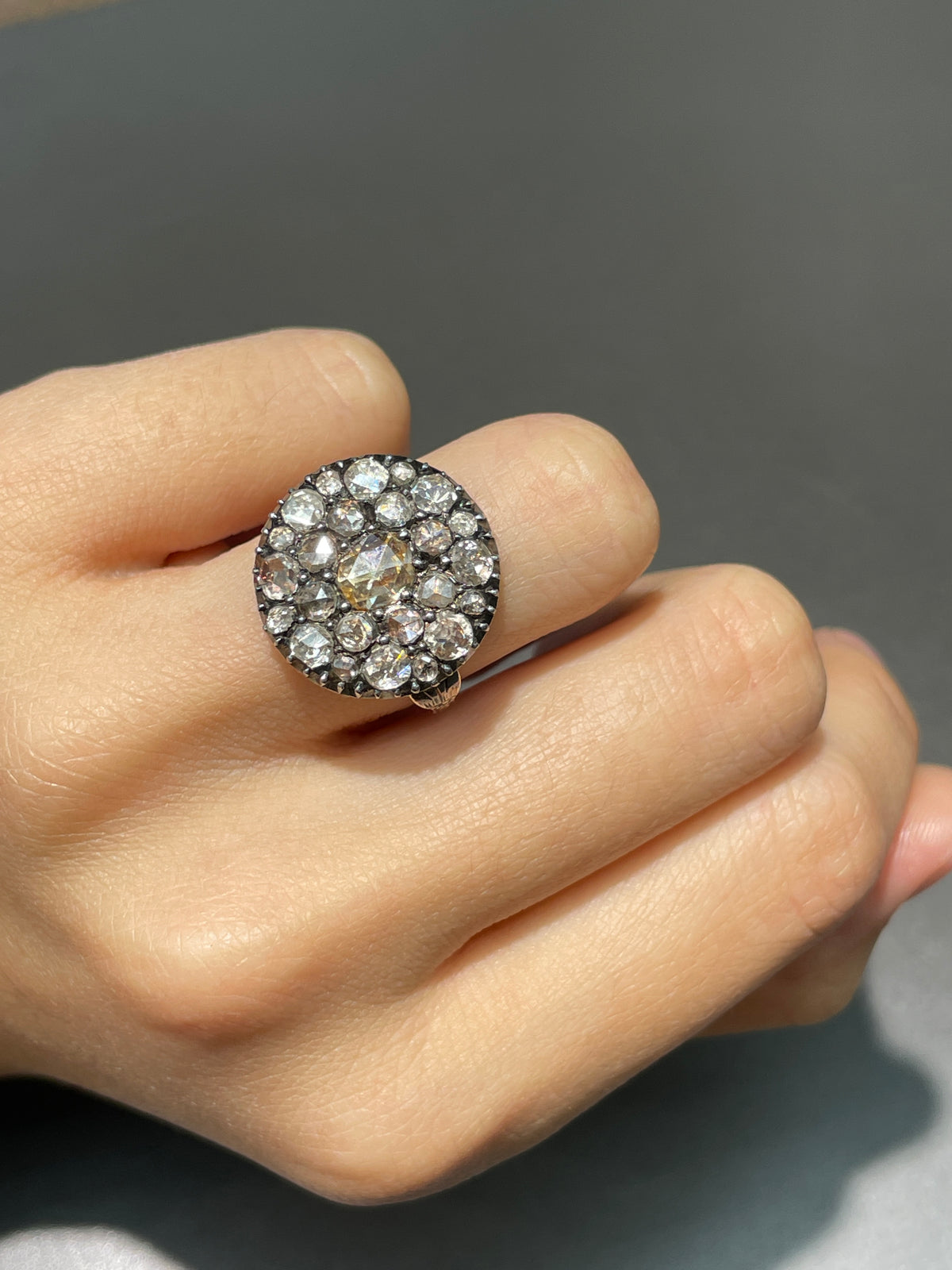 Antique Georgian 18K Gold Topped Silver Rose Cut Diamond Cluster Ring