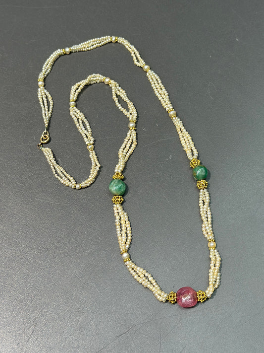 Antique Multi-Strand Natural Saltwater Pearl Emerald Ruby Necklace