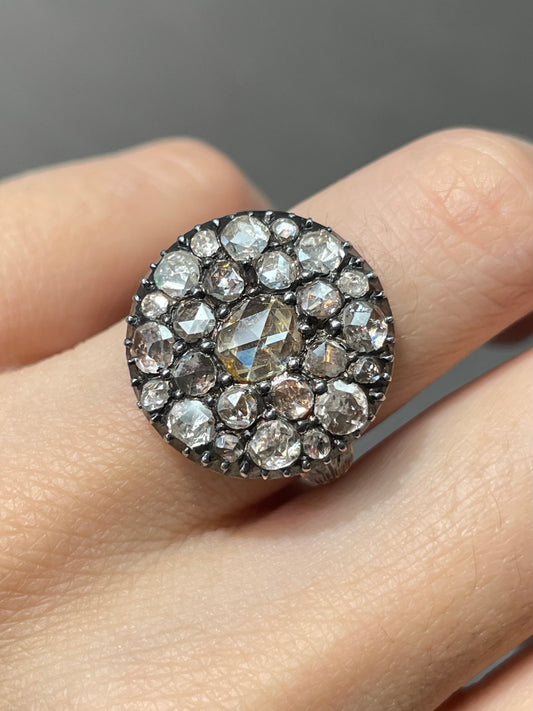 Antique Georgian 18K Yellow Gold Topped Silver 2.25 CTW Rose Cut Diamond Cobblestone Cluster Ring