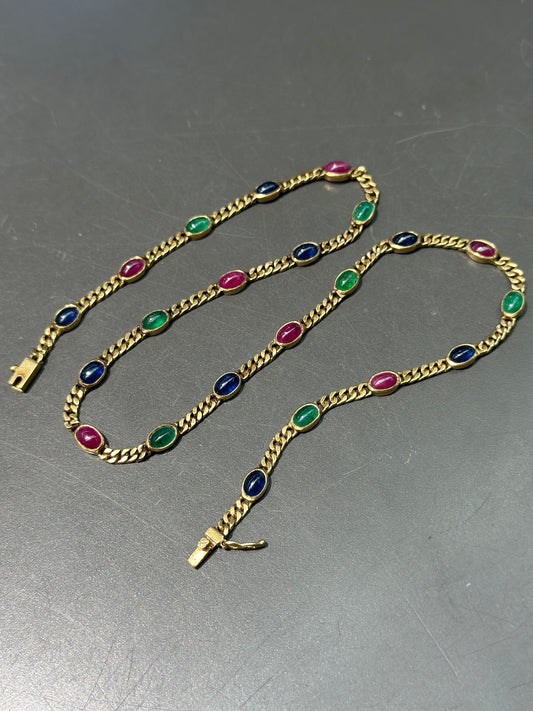 Vintage 14K Gold Emerald Sapphire and Ruby Curb Link Necklace