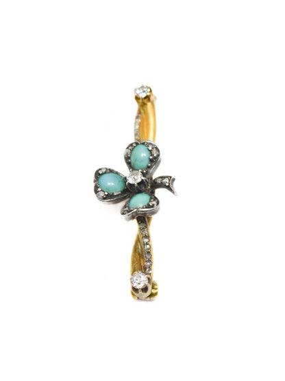 Antique 22K Gold Turquoise Diamond Shamrock Brooch