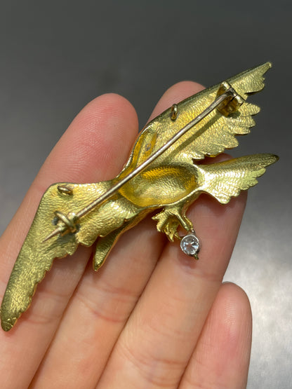 Antique French 18K Gold Diamond Flying Eagle Brooch