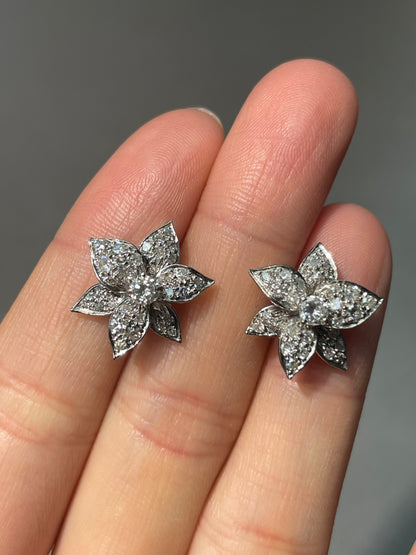 Vintage 14K White Gold 1.37 CTW Diamond Pansy Flower Stud Earring