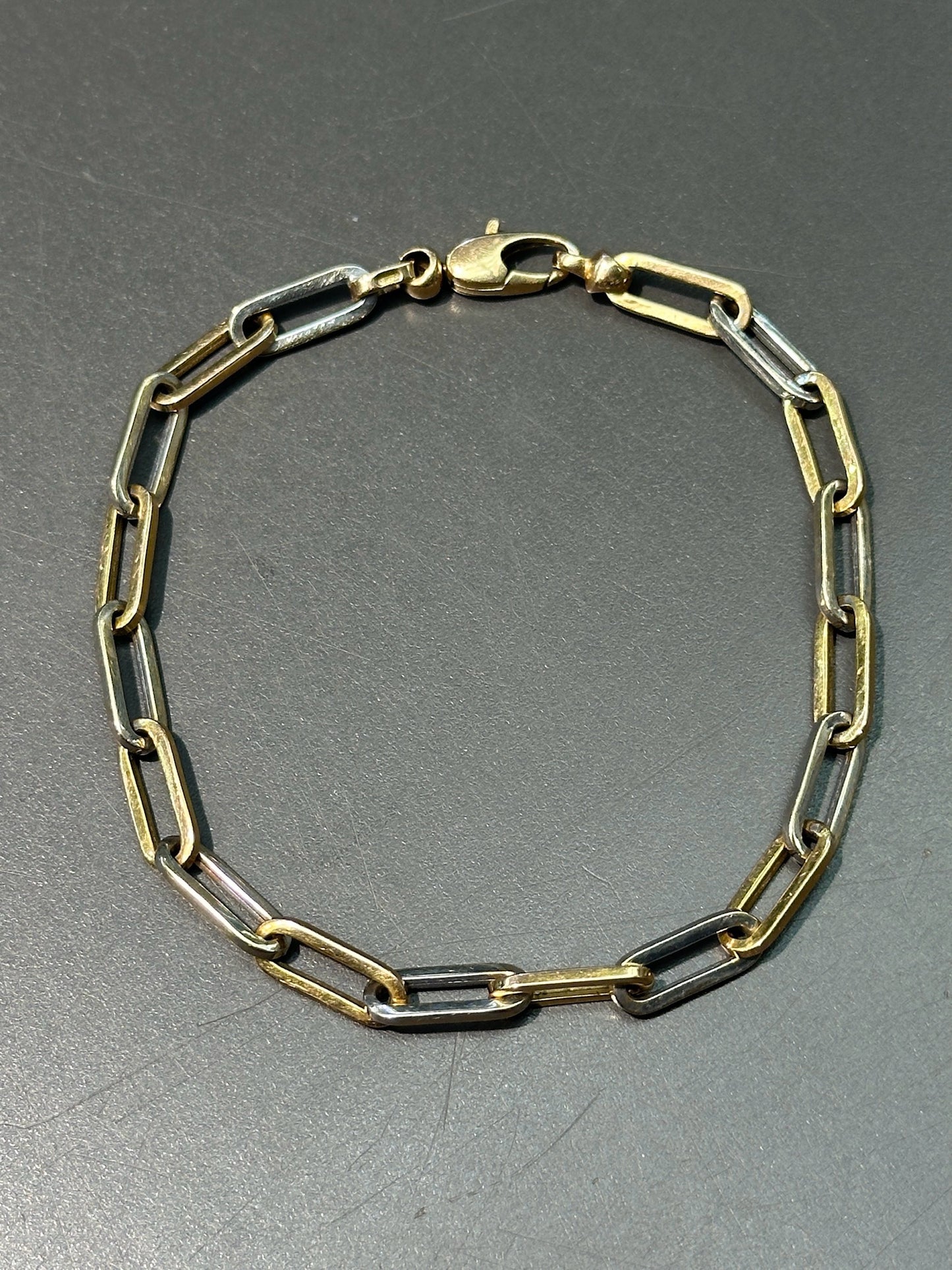 18K Yellow Gold Hollow Two Tone Paper Clip Link Bracelet