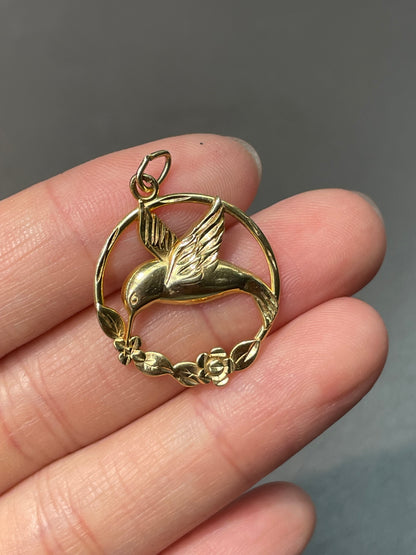 14K Yellow Gold Humming Bird Charm Pendant