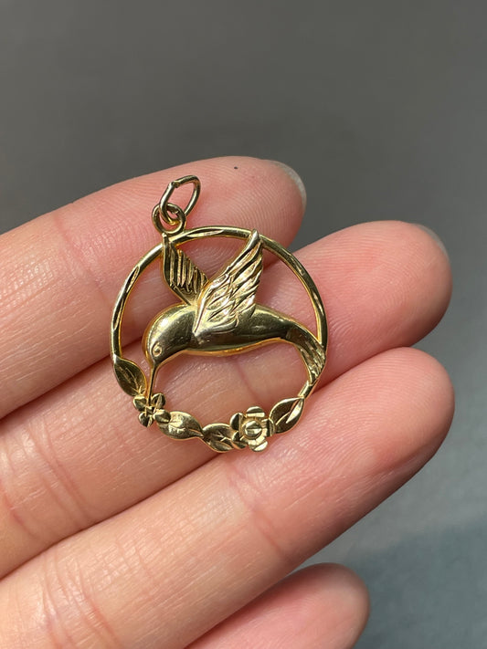 14K Yellow Gold Humming Bird Charm Pendant