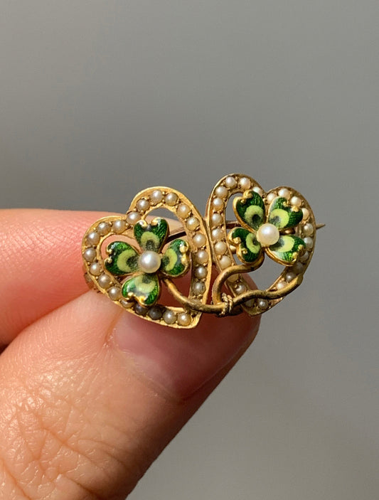Art Nouveau 14K Yellow Gold Krementz & Co Double Heart Enameled Clover Seed Pearl Brooch