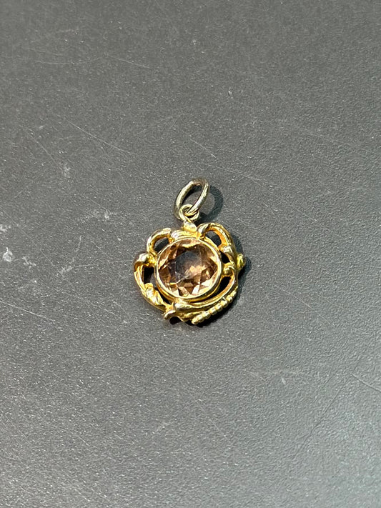 古董 14K 金烟熏托帕石树叶卷轴吊饰