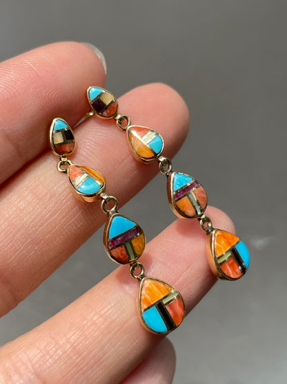 14K Yellow Gold Zuni Multi-Gemstone Inlay Earring