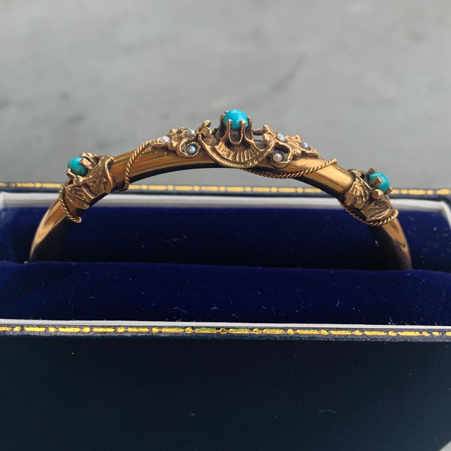 Antique Victorian 14K Gold Natural Turquoise and Seed Bracelet Bangle