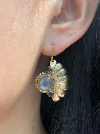 Retro 14K Gold Moonstone Sapphire Earring