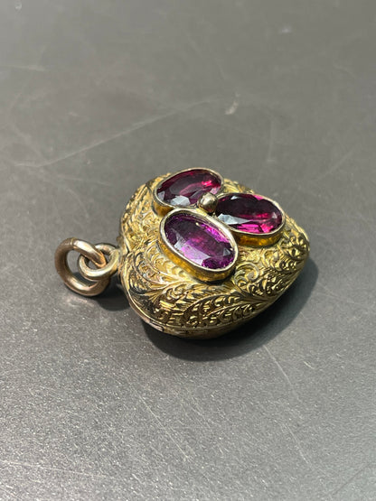 Antique Victorian 14K Yellow Gold Rhodolite Garnet Puffy Heart Pendant