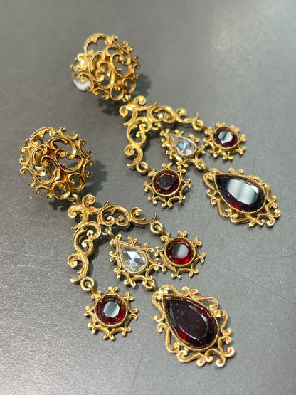 Georgian 18K Gold Rose Cut Diamond Garnet Drop Chandelier Earring