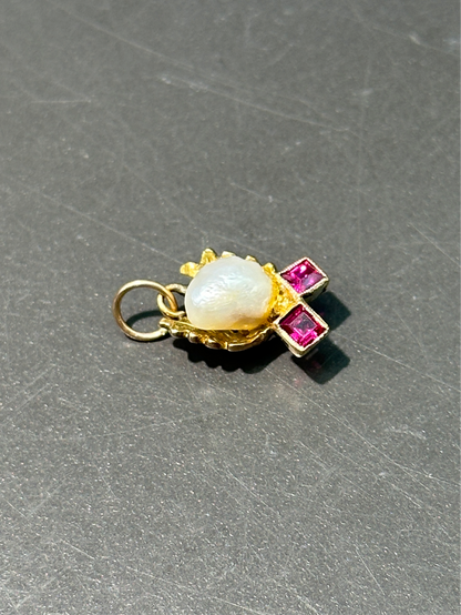 古董 14K 金珍珠红宝石吊坠