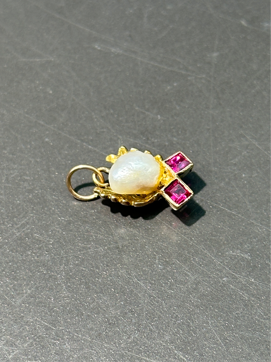 古董 14K 金珍珠红宝石吊坠
