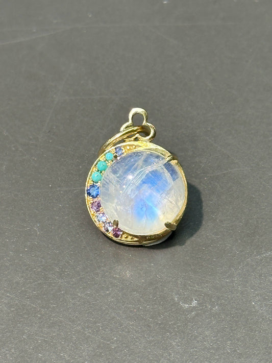 18K Yellow Gold Moonstone Turquoise Sapphire Crescent Charm