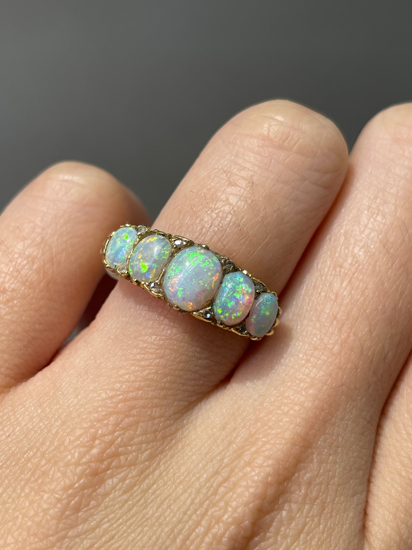 Antique Edwardian 18K Yellow Gold Five Stone Opal Diamond Ring