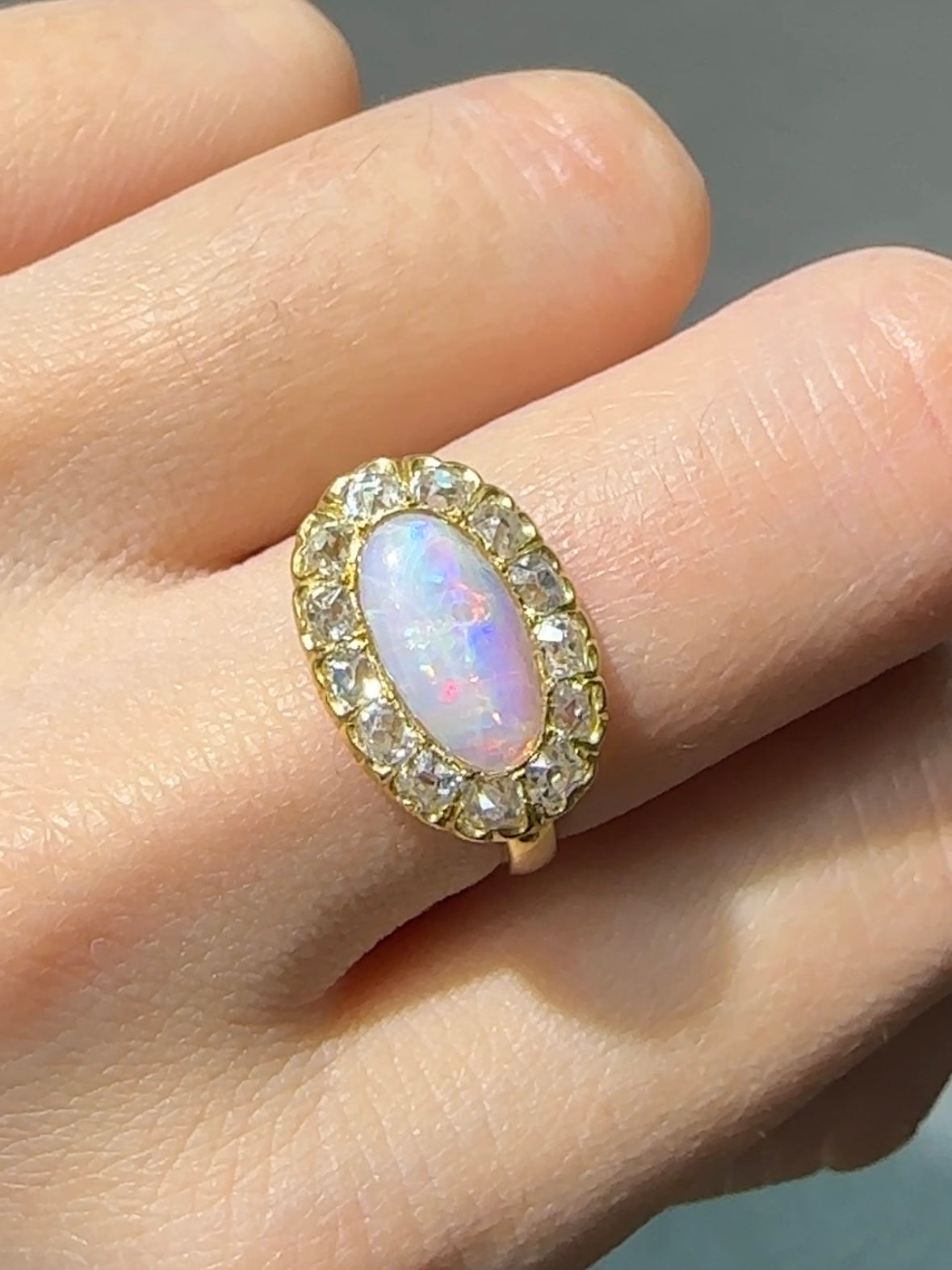 Antique 14K Gold 1.04 CTW Opal Diamond Halo East to West Ring