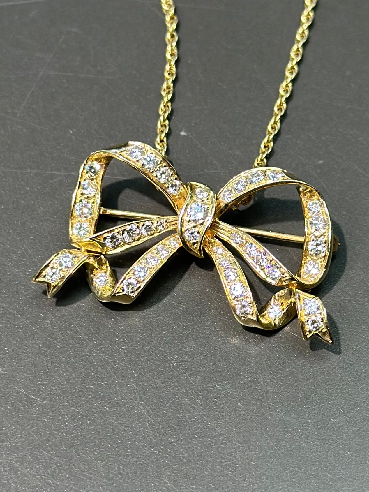 14K Gold Diamond Ribbon Pendant Brooch