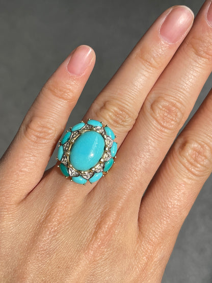 Vintage 14K Gold Turquoise Diamond Cluster Halo Ring