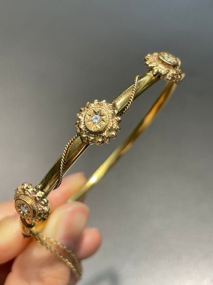 Vintage 14K Gold Diamond Starburst Bangle Bracelet