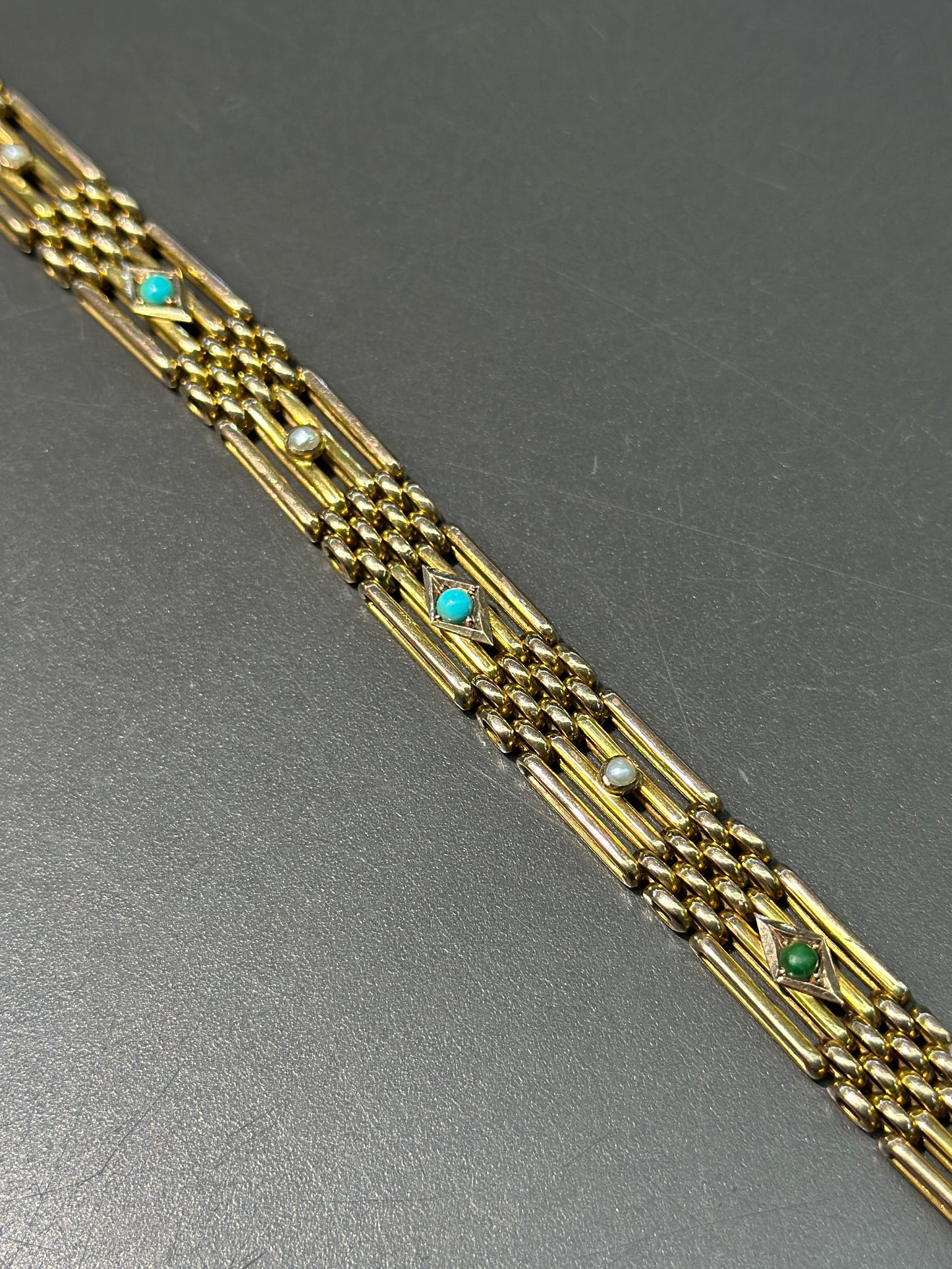 Victorian 9K Gold Turquoise and Pearl Padlock Gate Link Bracelet