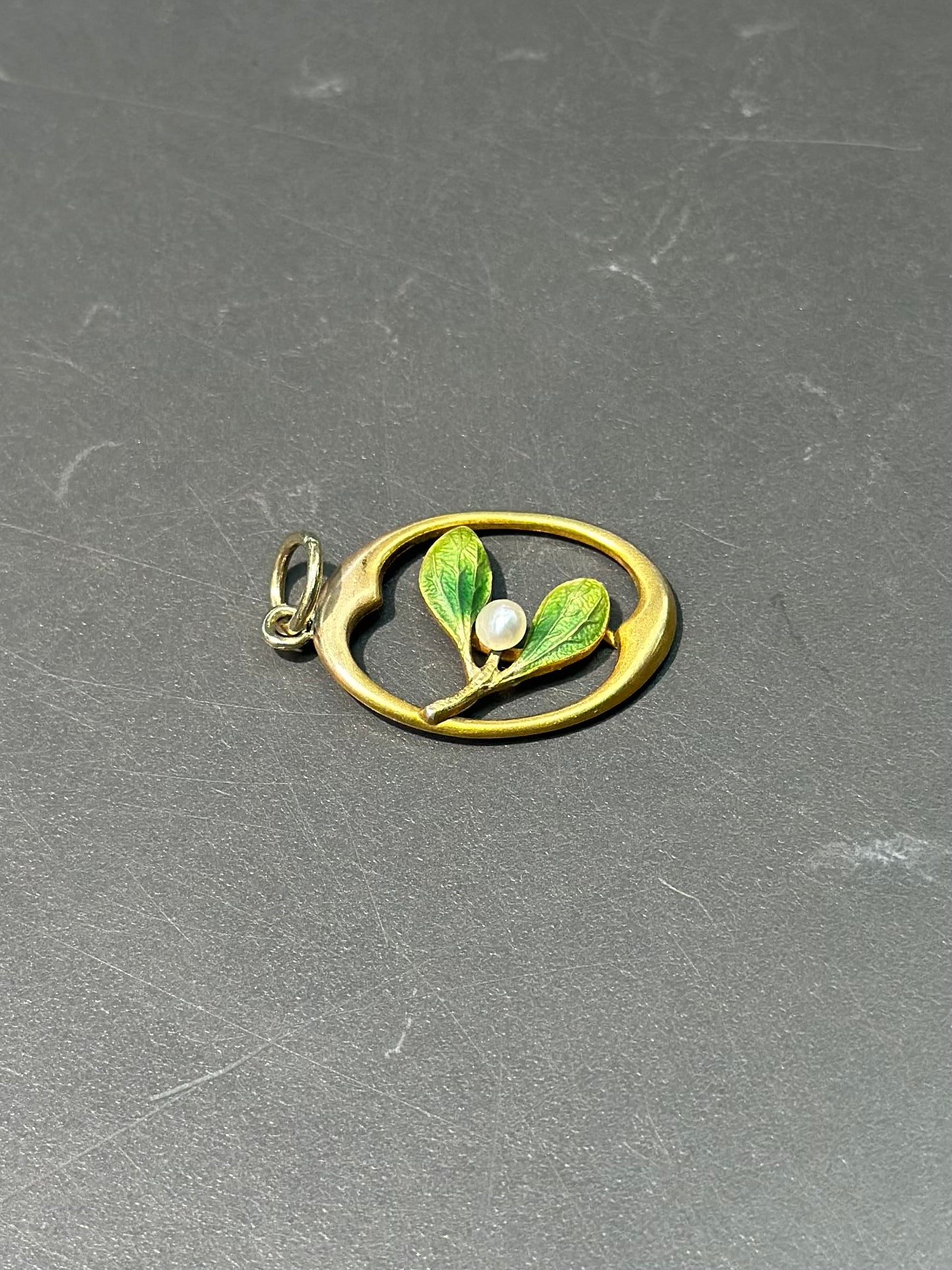 Art Nouveau 14K Gold Enamel Leaf Charm