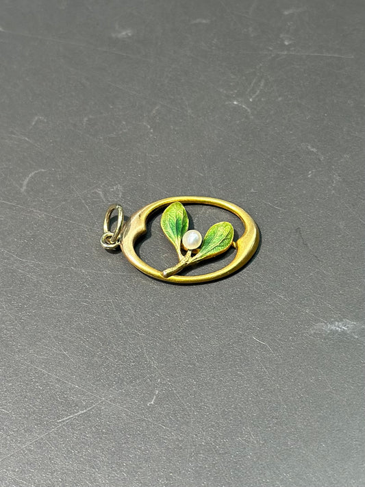 Art Nouveau 14K Gold Enamel Leaf Charm