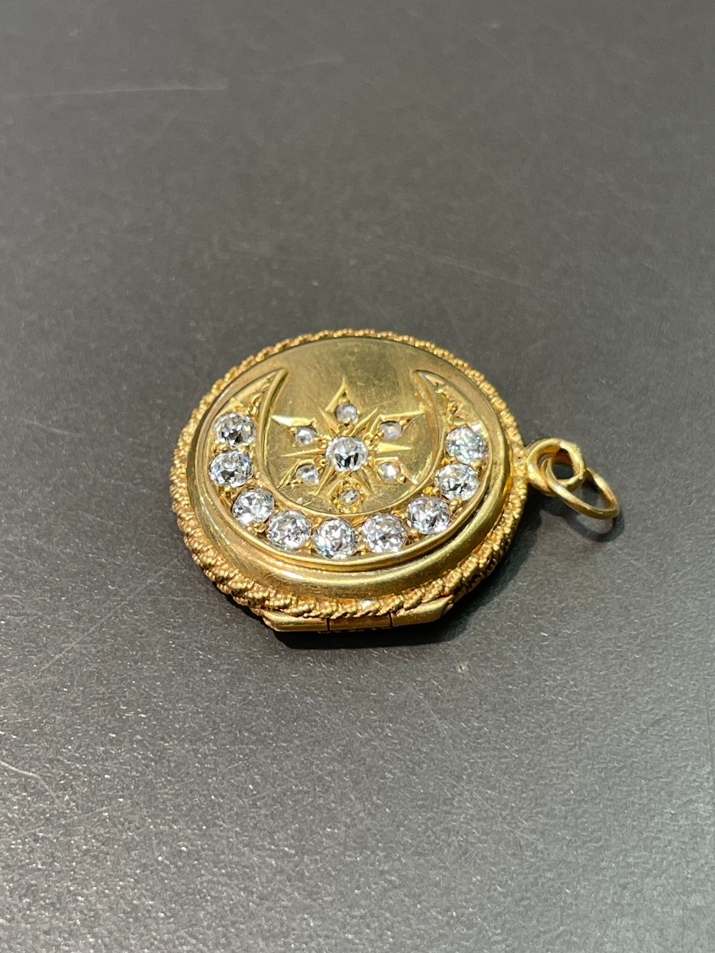 Antique 14K Gold 0.92 CTW Crescent and Star Diamond Locket Pendant
